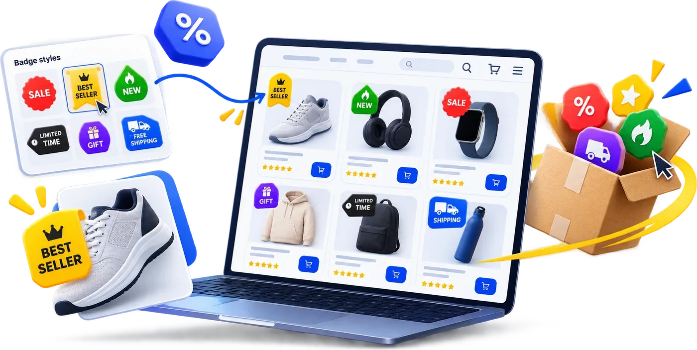 Badgely product badges on a collection grid